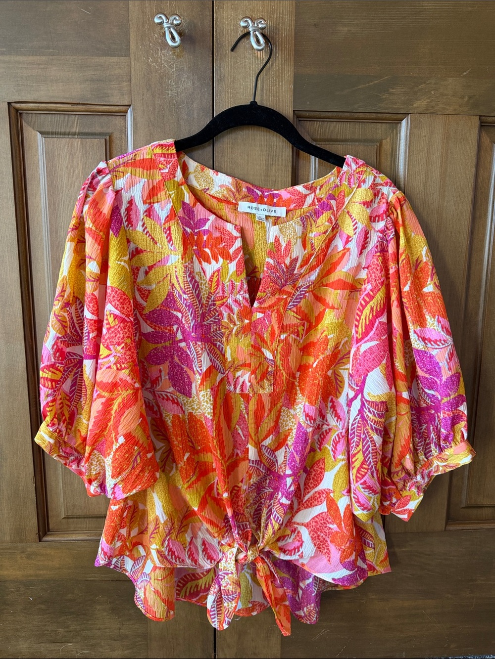 Rose & Olive Floral Tie-Front Blouse in Pink/Orange/Yellow